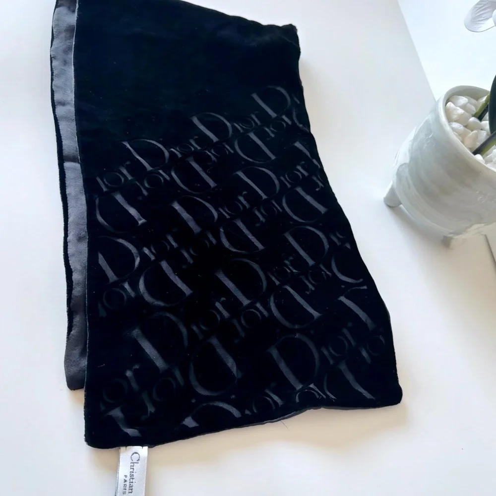 Christian Dior Black Velvet Diorissimo Monogram Scarf Wrap Italy